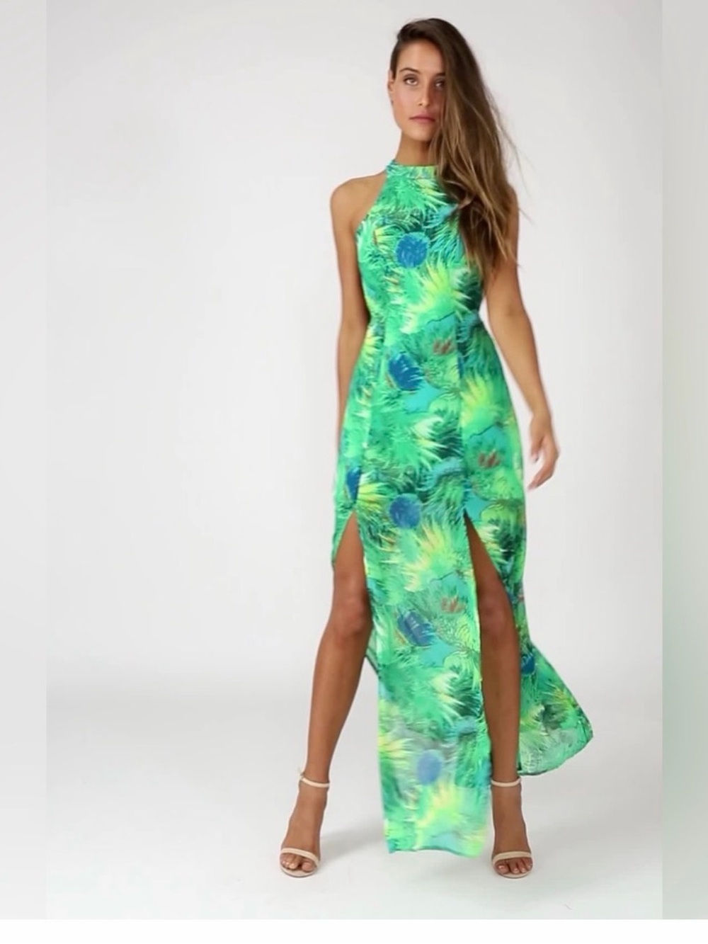 Lulu's Green Tropical Halter Maxi Dress with Double Slits